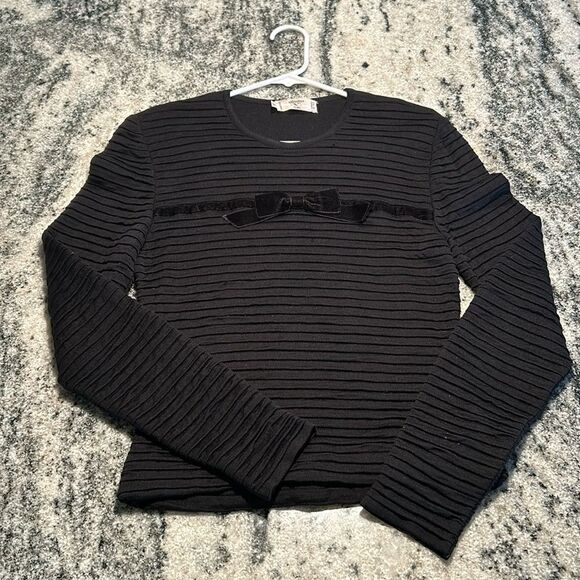 VTG Valentino Studio Black Ribbed Sweater W/ Velvet Bow, Size EU44/US 10 Flawed - Picture 1 of 14